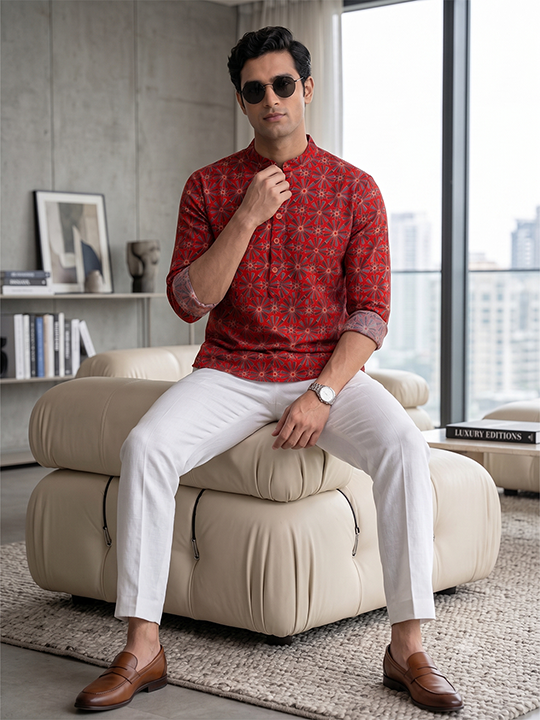 KISHRO Men Cotton Printed Regular Fit Short Kurta - Rust