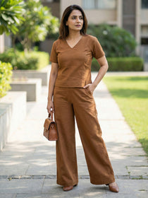 KISHRO Women Linen Solid Relaxed Fit Co-ord Set - Golden