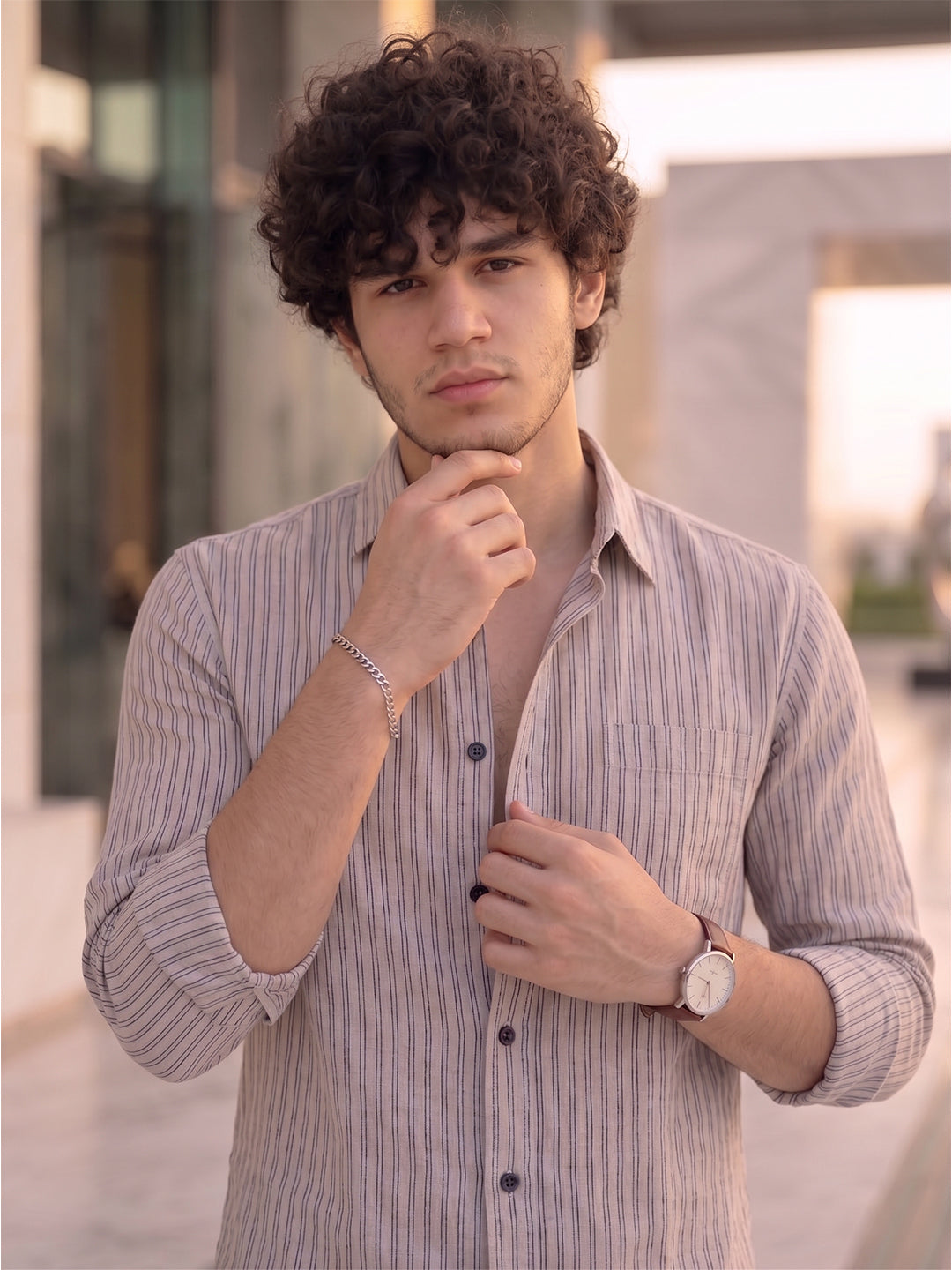 KISHRO Men Cotton Striped Regular Fit Casual Shirt - Gray Light