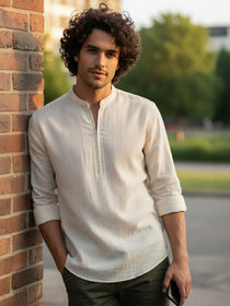 KISHRO Men Cotton Blend Striped Solid Short Kurta - Beige