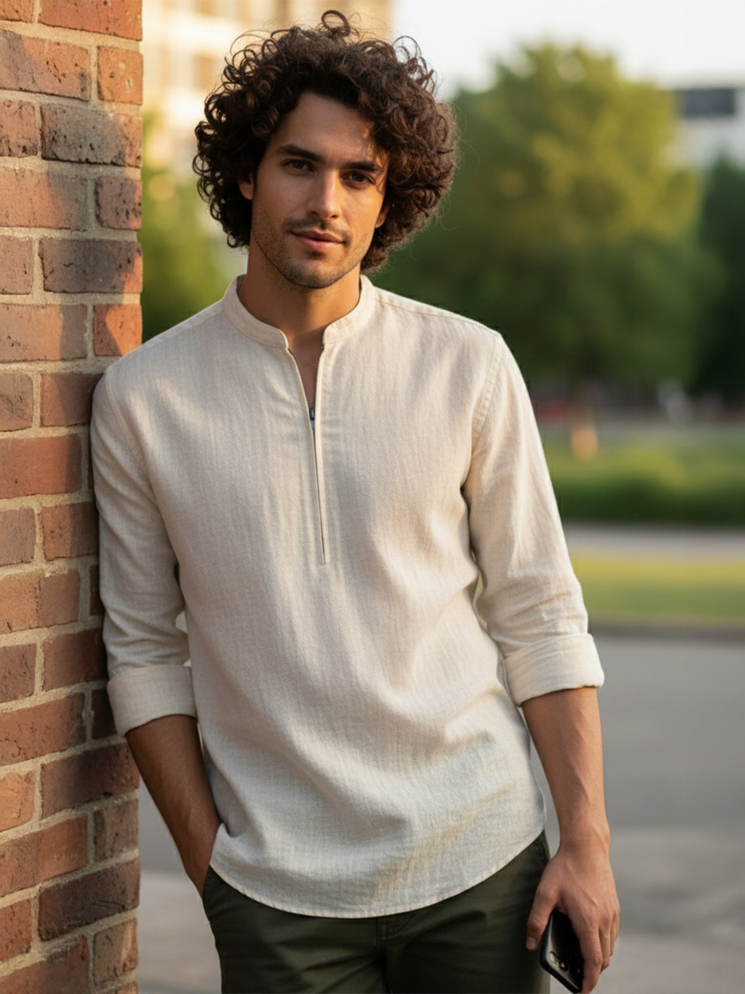 KISHRO Men Cotton Blend Striped Solid Short Kurta - Beige