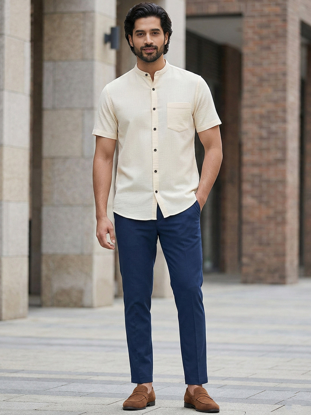 KISHRO Men Cotton Regular Fit Mandarin Collar Casual Shirt - White