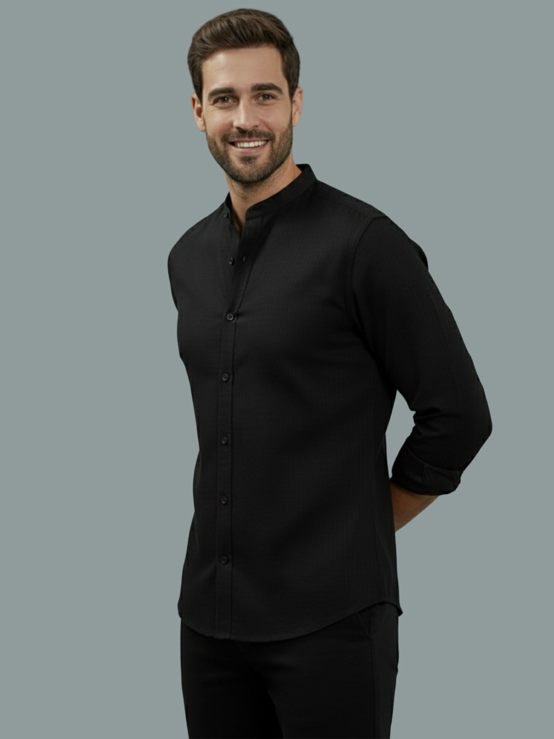 KISHRO Men Cotton Regular Fit Mandarin Collar Casual Shirt - Pink