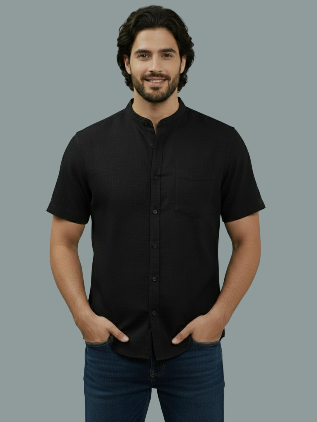 KISHRO Men Cotton Regular Fit Mandarin Collar Casual Shirt - White