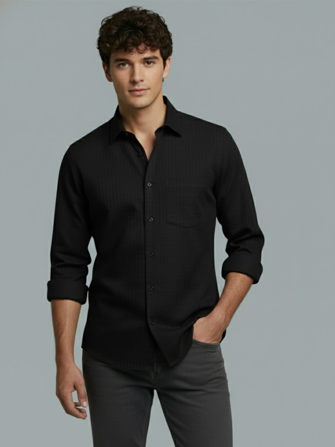 KISHRO Men Cotton Solid Regular Fit Spread Collar Casual Shirt - Black