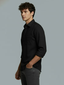 KISHRO Men Cotton Solid Regular Fit Spread Collar Casual Shirt - Black