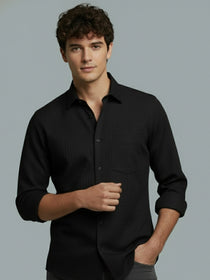 KISHRO Men Cotton Solid Regular Fit Spread Collar Casual Shirt - Black