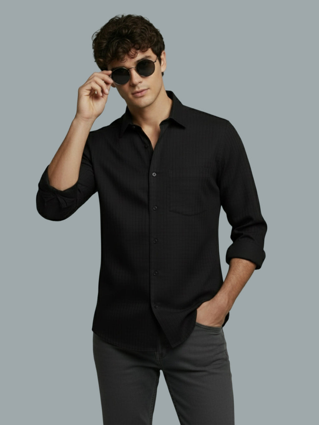 KISHRO Men Cotton Solid Regular Fit Spread Collar Casual Shirt - Black