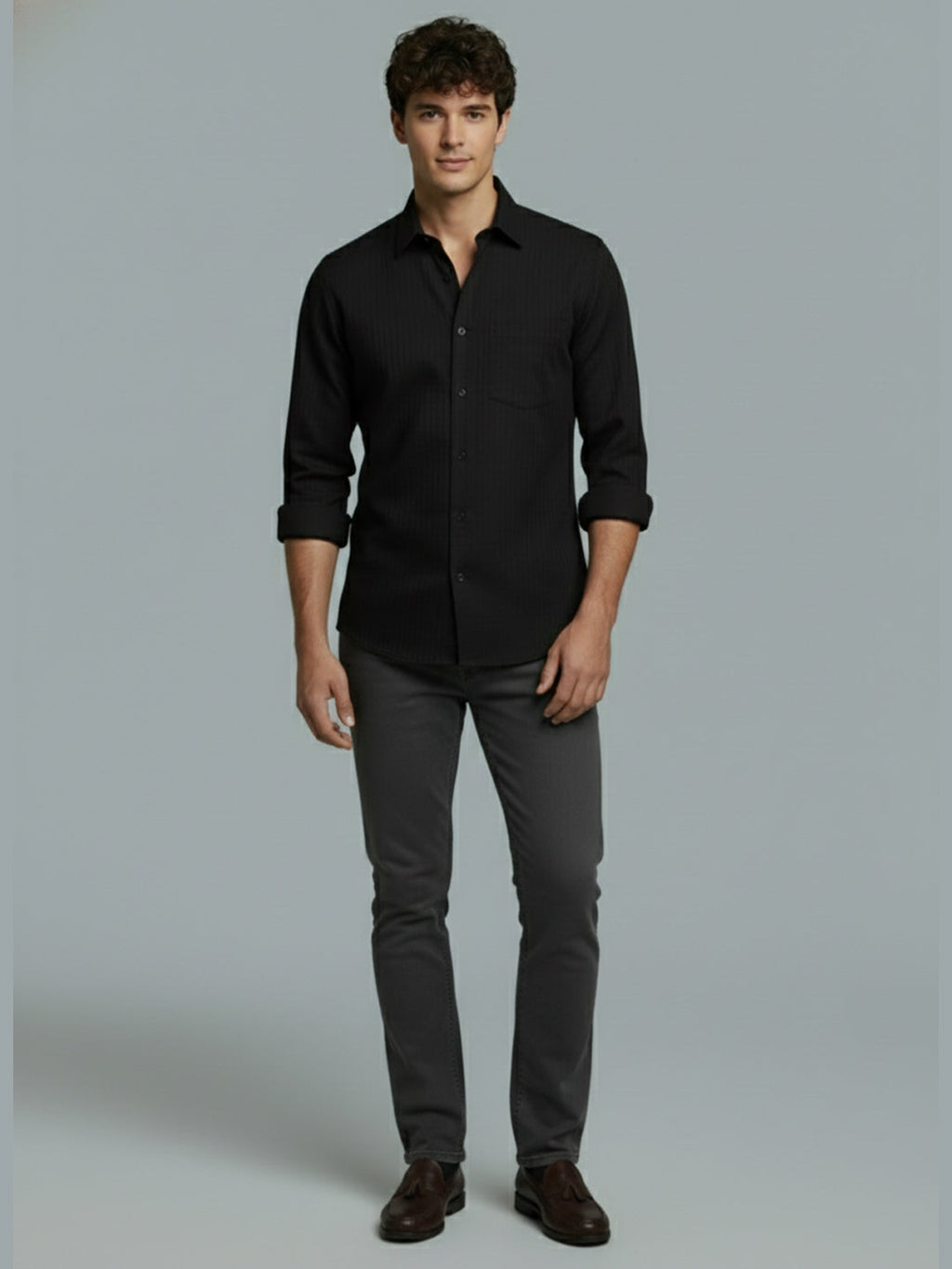KISHRO Men Cotton Solid Regular Fit Spread Collar Casual Shirt - Black