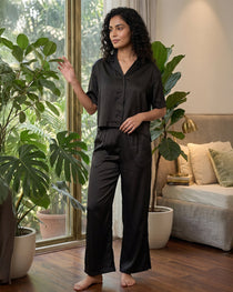 KISHRO Women Linen Solid Relaxed Fit Night Suit Set - Black