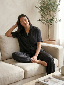 KISHRO Women Linen Solid Relaxed Fit Night Suit Set - Black