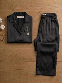KISHRO Women Linen Solid Relaxed Fit Night Suit Set - Black