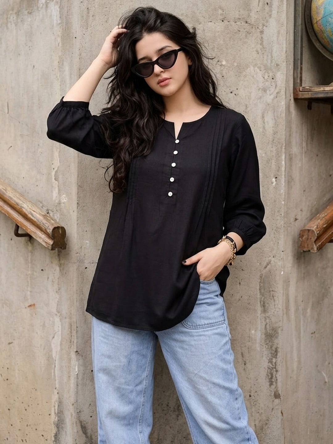 KISHRO Women Viscose Solid Regular Fit Top - Black