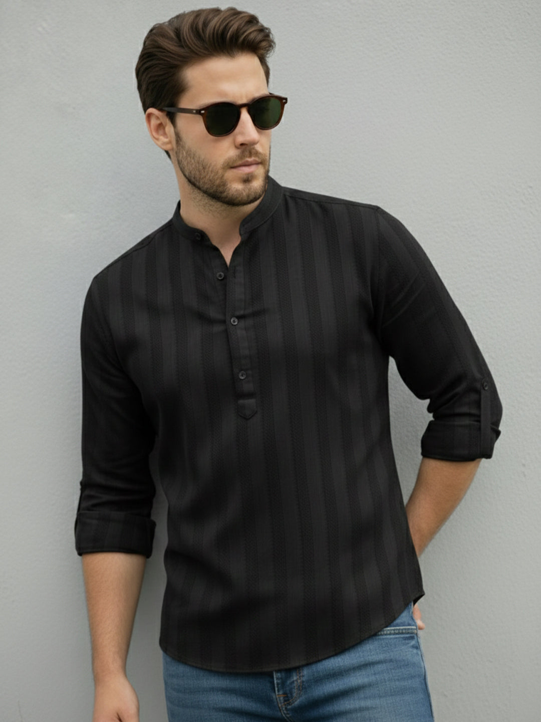 KISHRO Men Cotton Striped Relaxed Fit Short Kurta - Black