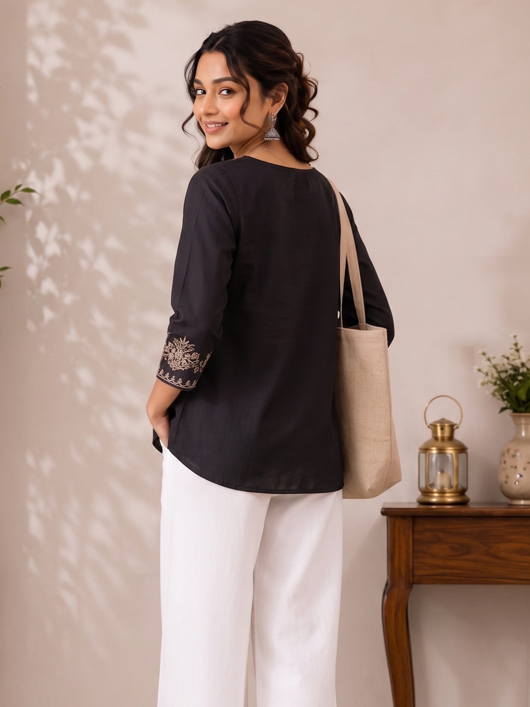 KISHRO Women Viscose Rayon Embroidered Regular Fit Peplum Top - Black Secondary image