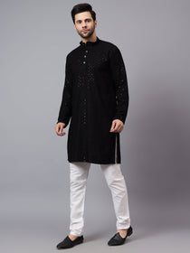KISHRO Men Rayon Schiffli Chikankari Embroidered Long Kurta Set - Red