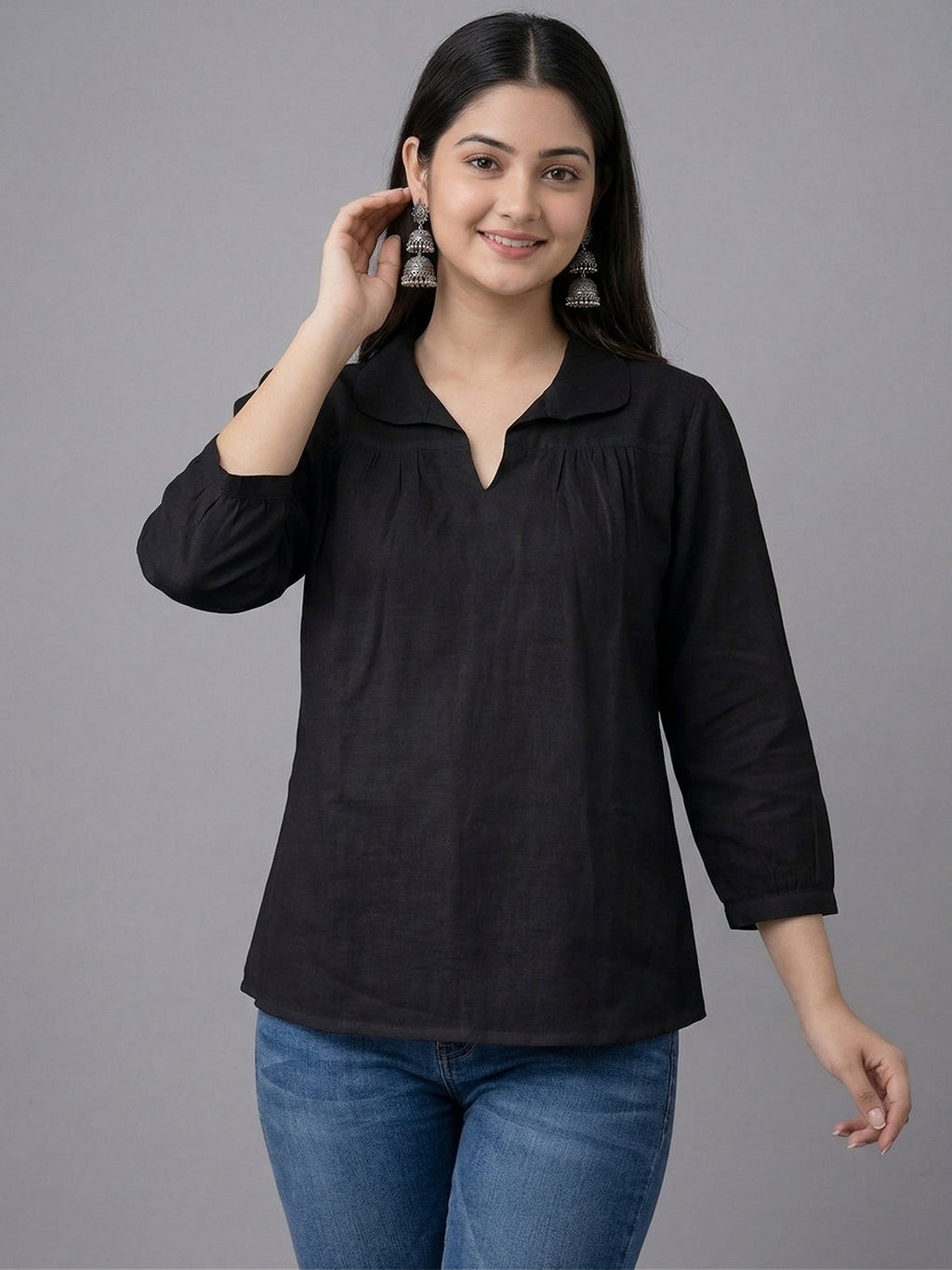 KISHRO Women Linen Cotton Regular Fit V-Neck Top - White