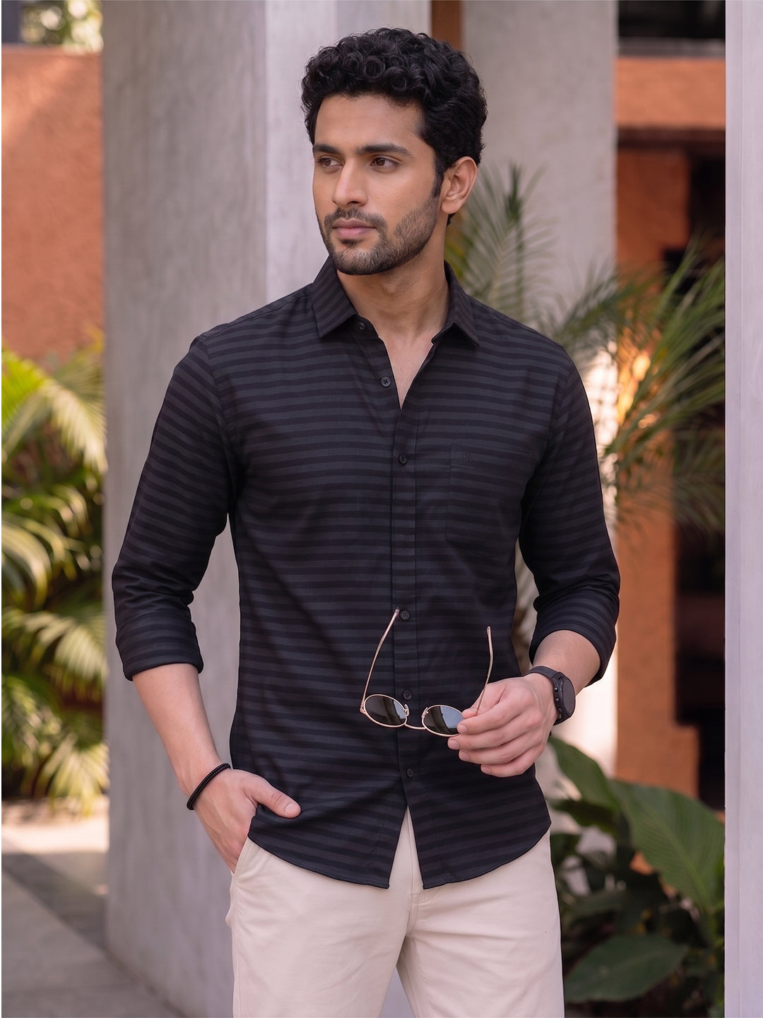 KISHRO Men Denim Striped Slim Fit Casual Shirt - Black Main image