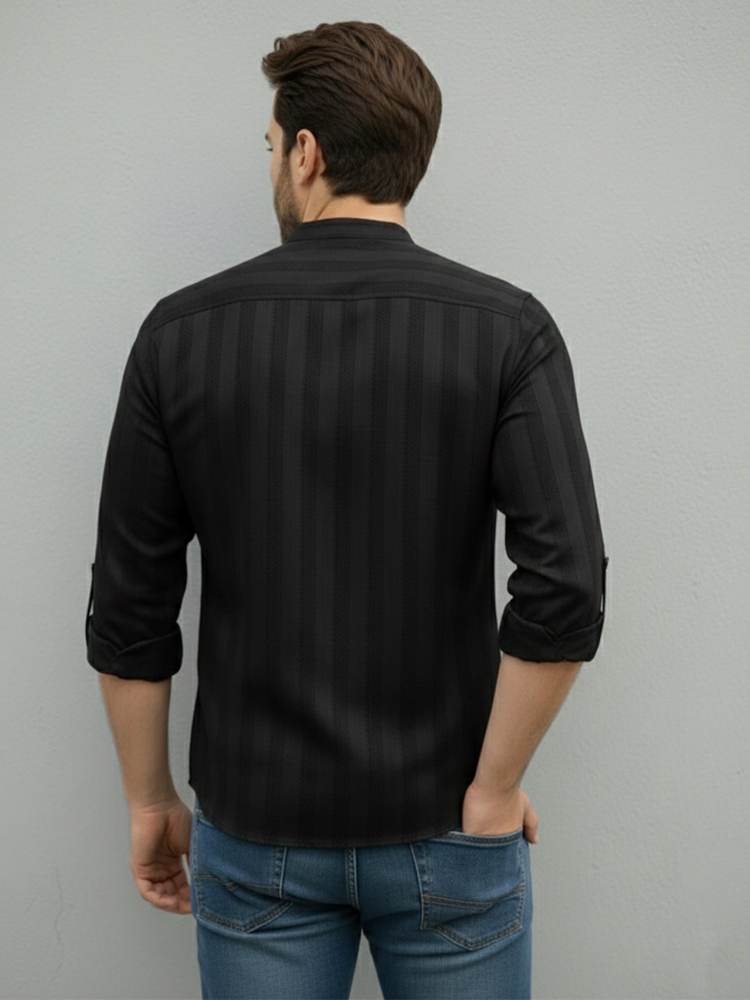 KISHRO Men Cotton Striped Relaxed Fit Short Kurta - Black