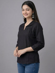 KISHRO Women Linen Cotton Regular Fit V-Neck Top - White
