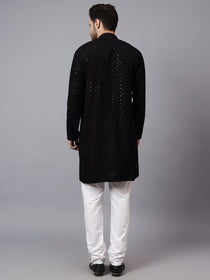 KISHRO Men Rayon Schiffli Chikankari Embroidered Long Kurta Set - Red