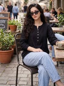 KISHRO Women Viscose Solid Regular Fit Top - Black
