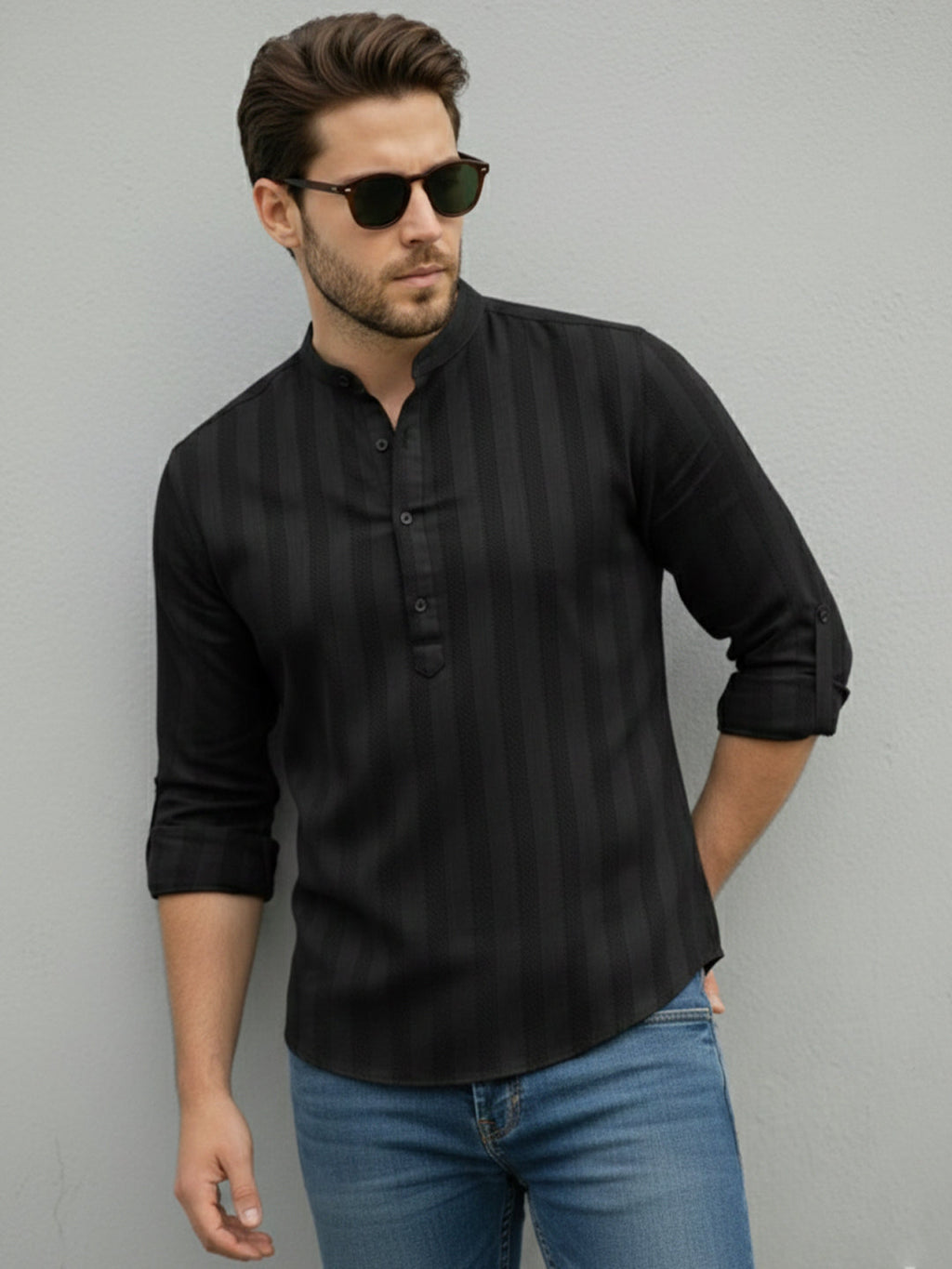 KISHRO Men Cotton Striped Relaxed Fit Short Kurta - Black