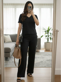 KISHRO Women Linen Solid Relaxed Fit Co-ord Set - Black