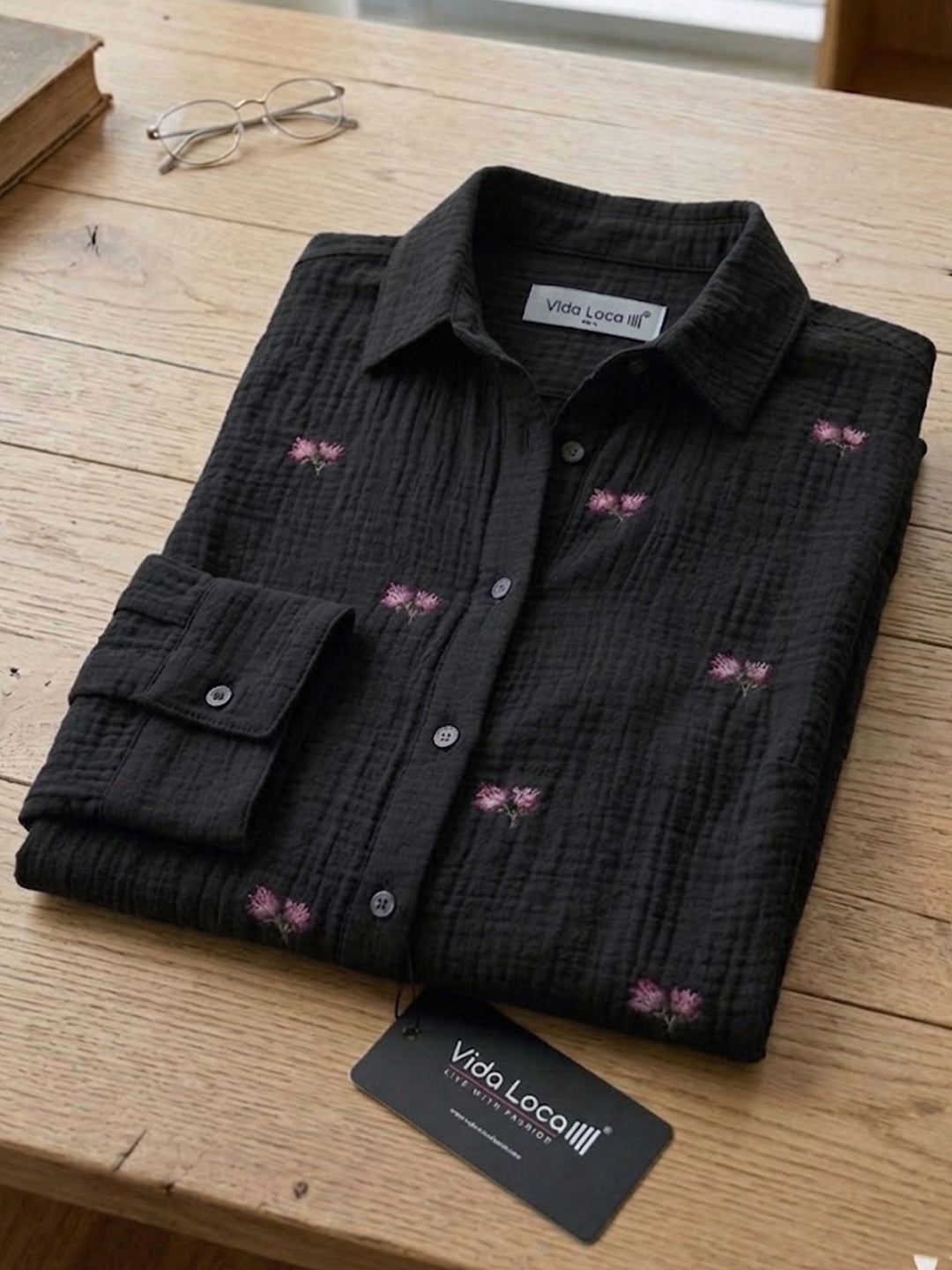 KISHRO Women Denim Floral Printed Embroidered Shirt - Black