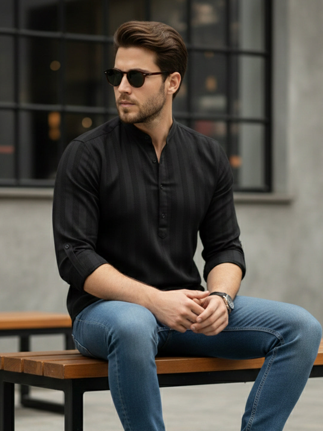 KISHRO Men Cotton Striped Relaxed Fit Short Kurta - Black