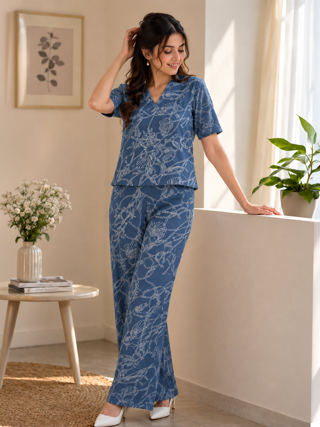 KISHRO Women Linen Printed Regular Fit Co-ord Set - Navy Blue Secondary image