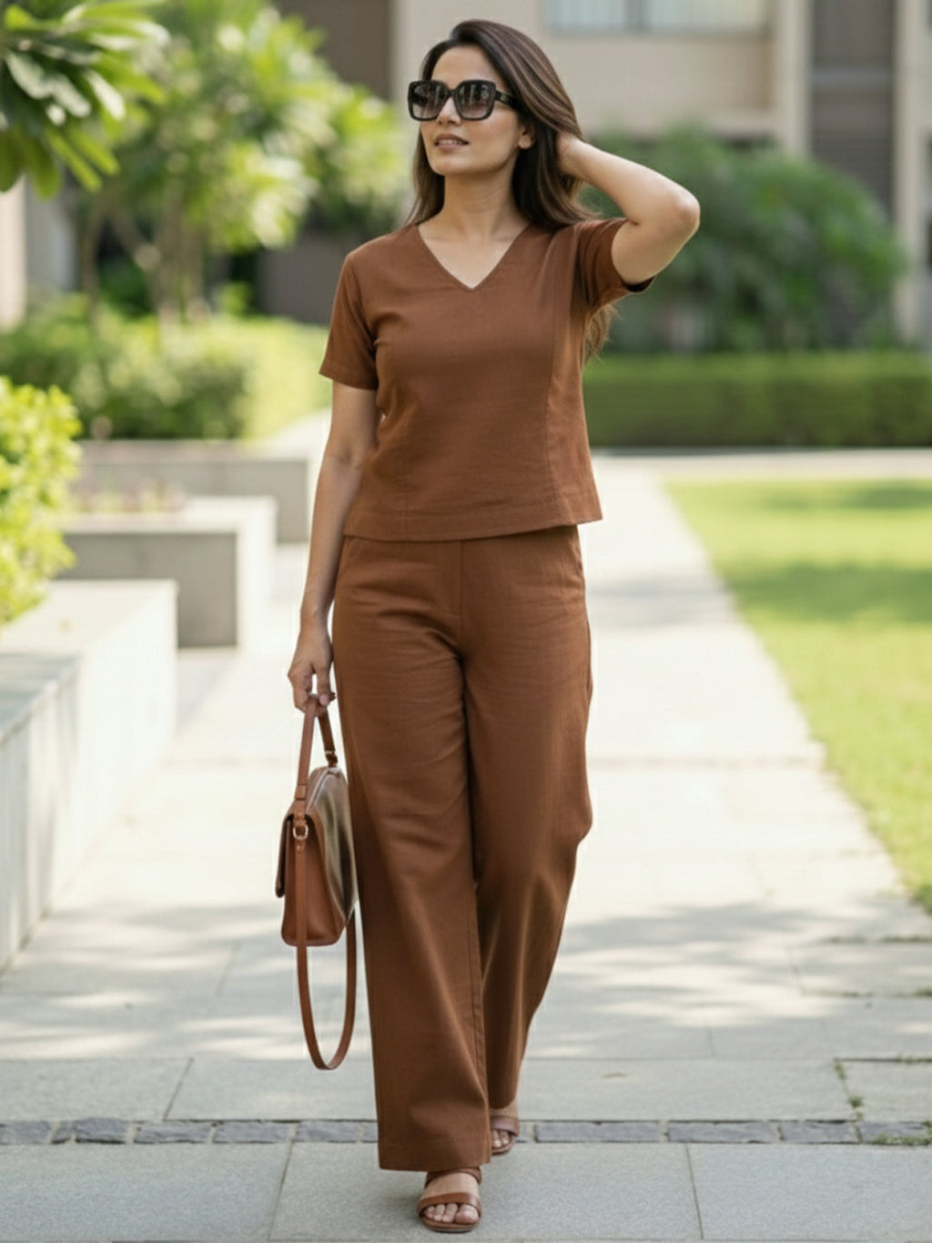 KISHRO Women Linen Solid Relaxed Fit Co-ord Set - Brown