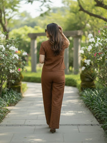 KISHRO Women Linen Solid Relaxed Fit Co-ord Set - Brown