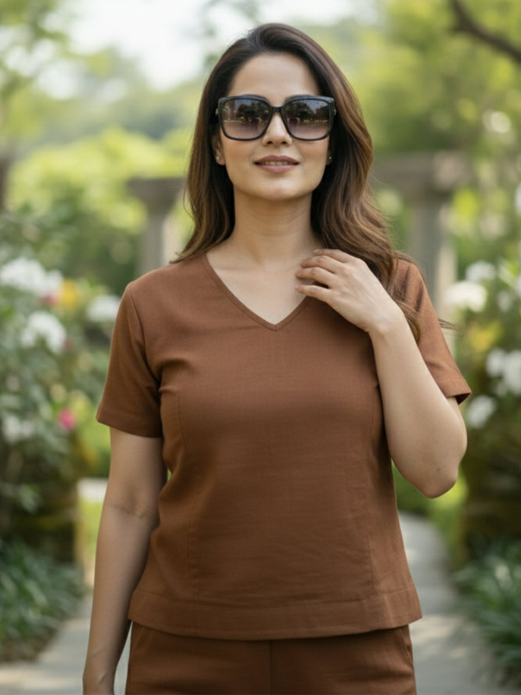 KISHRO Women Linen Solid Relaxed Fit Co-ord Set - Brown