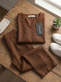 KISHRO Women Linen Solid Relaxed Fit Co-ord Set - Brown