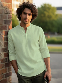 KISHRO Men Cotton Blend Striped Solid Short Kurta - Beige