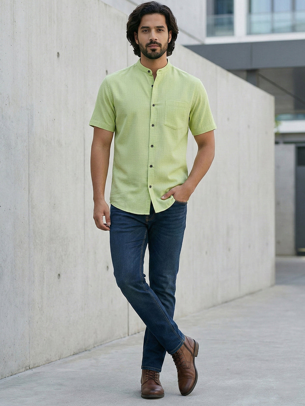 KISHRO Men Cotton Regular Fit Mandarin Collar Casual Shirt - White