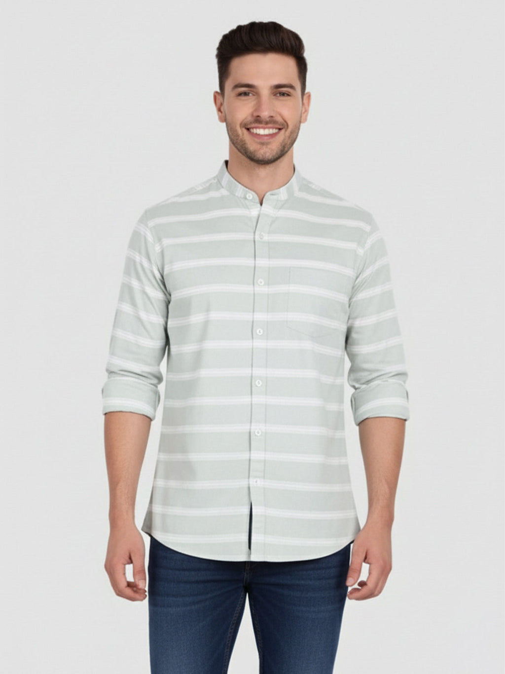 KISHRO Men Cotton Striped Spread Collar Short Kurta - White