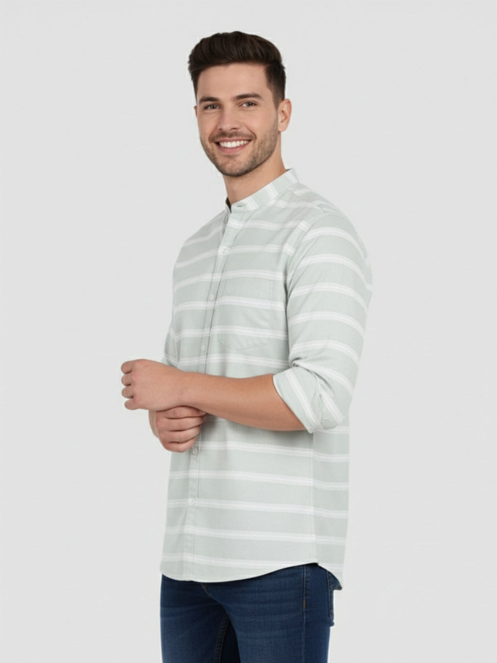 KISHRO Men Cotton Striped Spread Collar Short Kurta - White