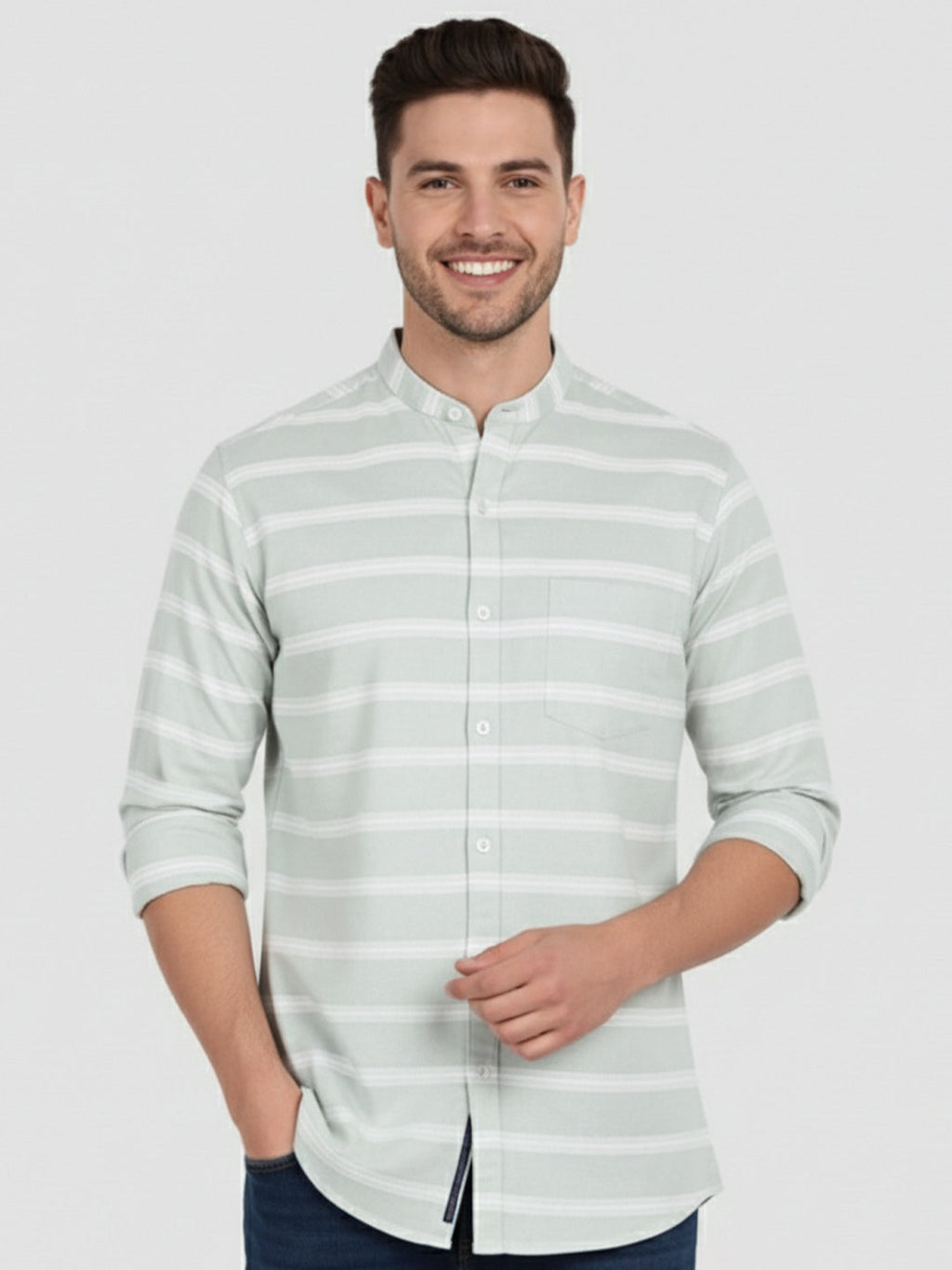 KISHRO Men Cotton Striped Spread Collar Short Kurta - White