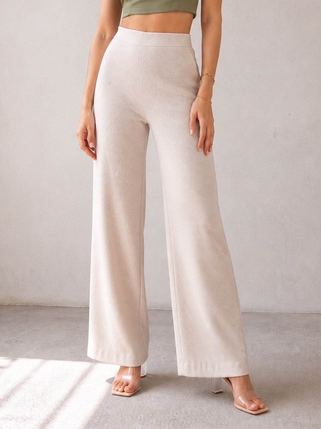 KISHRO Women Cotton Solid Relaxed Fit Palazzo Pants - Cream Main image