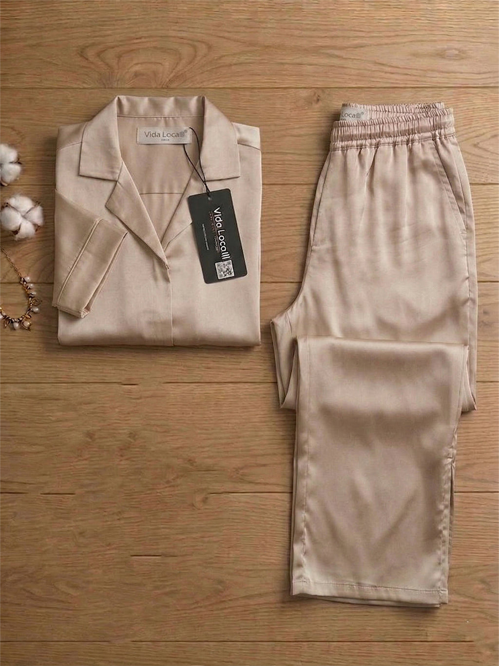 KISHRO Women Linen Solid Relaxed Fit Night Suit Set - Cream
