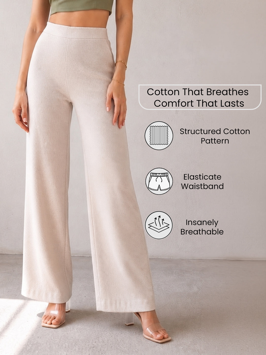 KISHRO Women Cotton Solid Relaxed Fit Palazzo Pants - Cream Secondary image