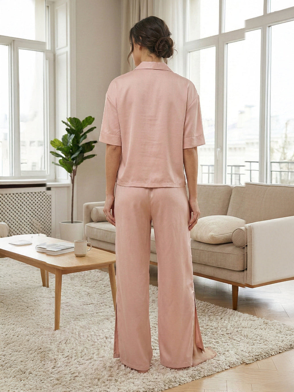 KISHRO Women Linen Solid Relaxed Fit Night Suit Set - Cream Light