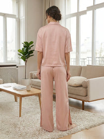 KISHRO Women Linen Solid Relaxed Fit Night Suit Set - Cream Light