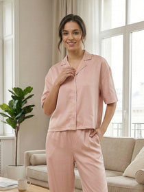 KISHRO Women Linen Solid Relaxed Fit Night Suit Set - Cream Light