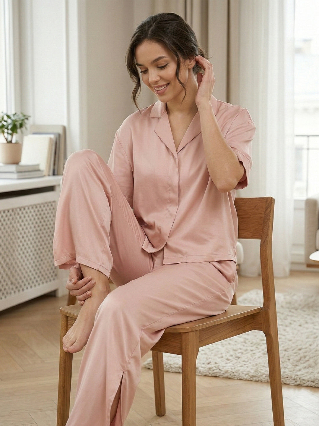 KISHRO Women Linen Solid Relaxed Fit Night Suit Set - Cream Light