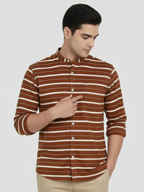 KISHRO Men Cotton Striped Spread Collar Short Kurta - Navy Blue