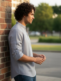 KISHRO Men Cotton Blend Striped Solid Short Kurta - Beige