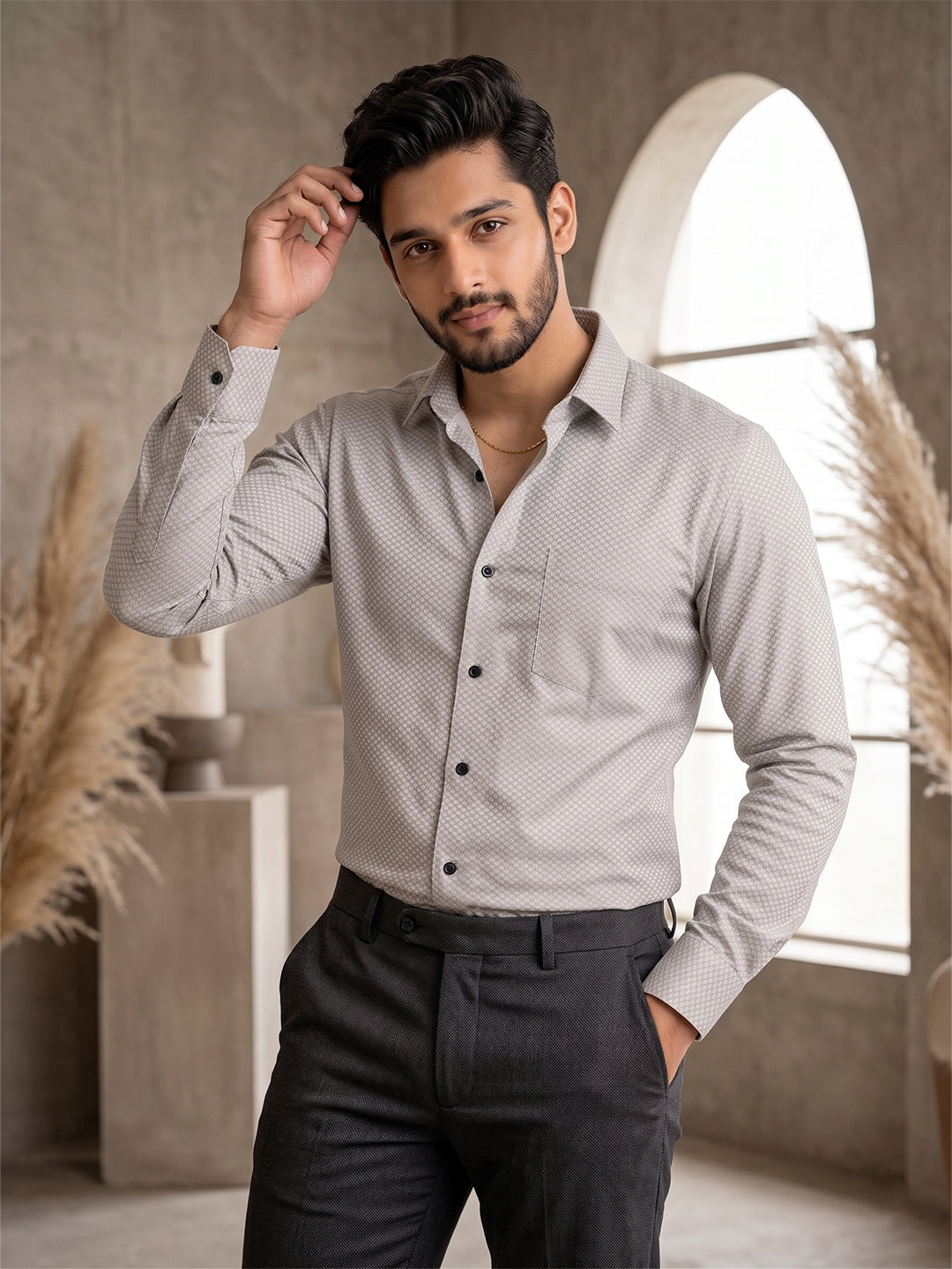 KISHRO Men Cotton Printed Regular Fit Casual Shirt - Light Grey